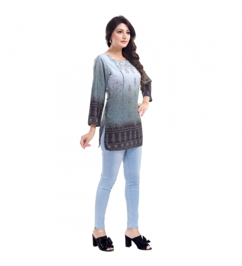 Generic Women's Quarter Sleeve Faux Crepe Printed Short Kurti Tunic Top (Color:Grey)