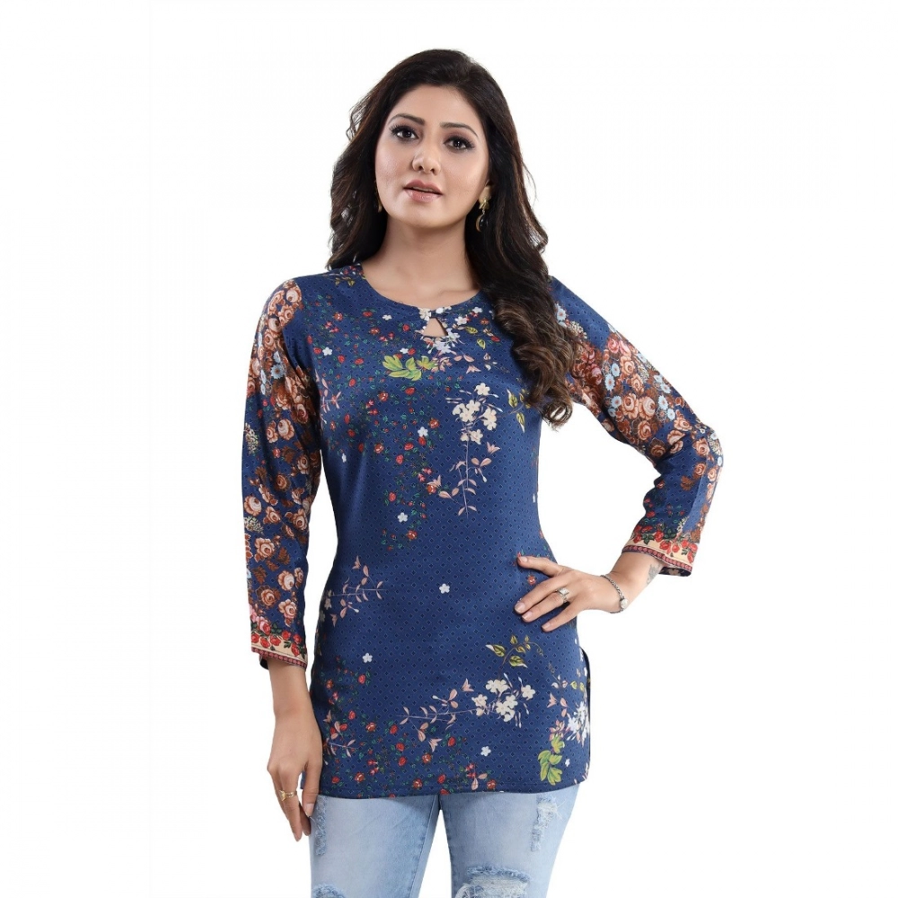 Generic Women's Quarter Sleeve Faux Crepe Printed Short Kurti Tunic Top (Color:Pastel)