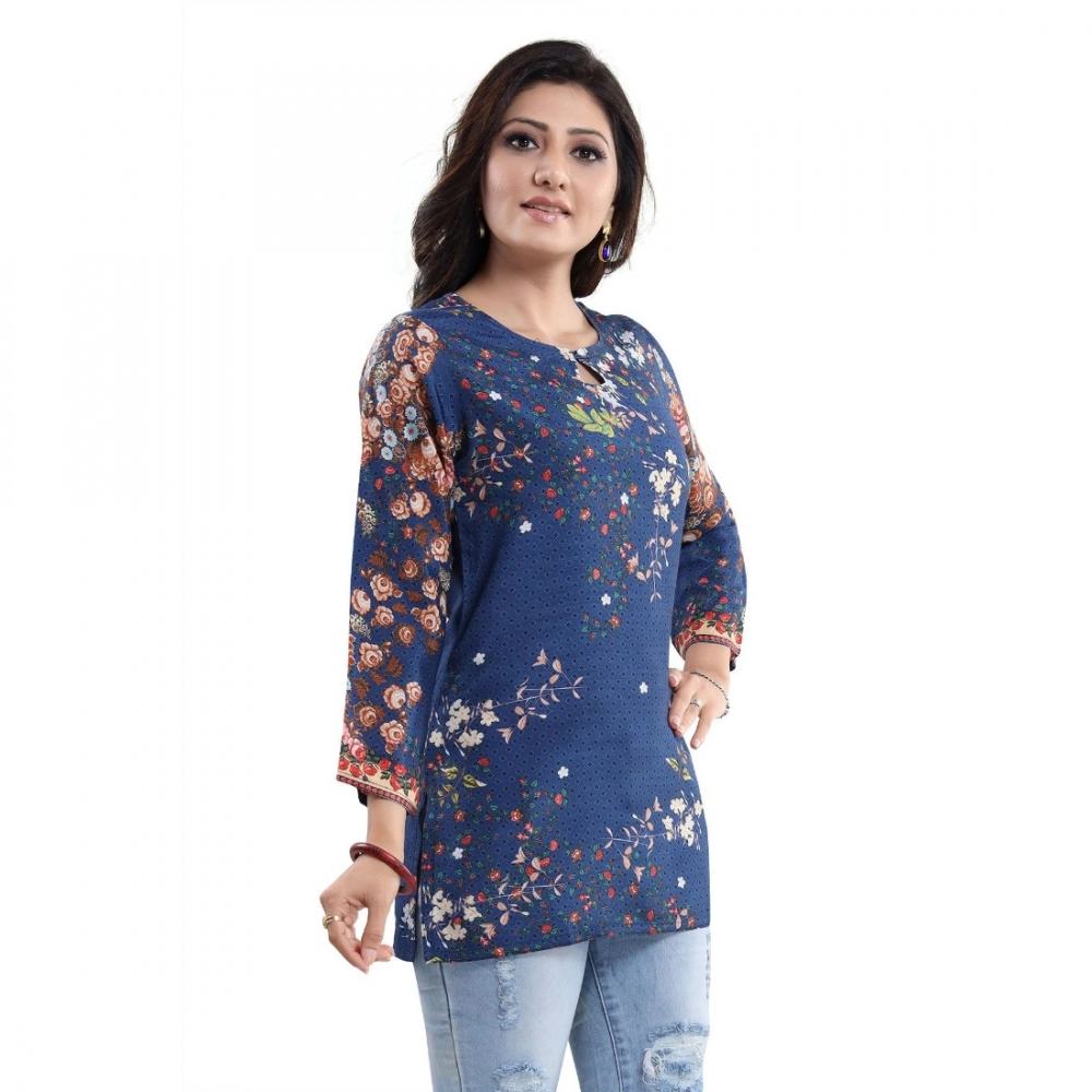 Generic Women's Quarter Sleeve Faux Crepe Printed Short Kurti Tunic Top (Color:Pastel)