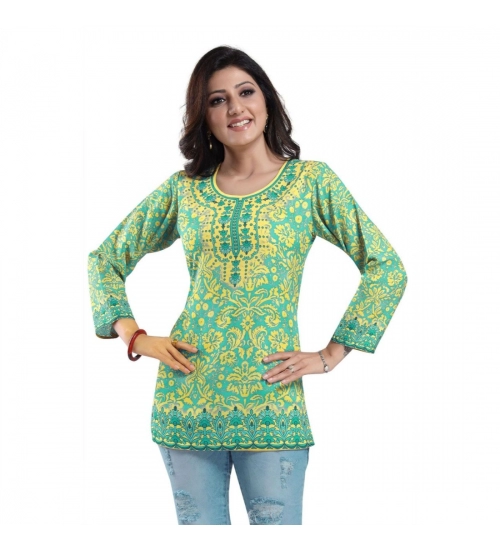 Generic Women's Quarter Sleeve Faux Crepe Printed Short Kurti Tunic Top (Color:Green)