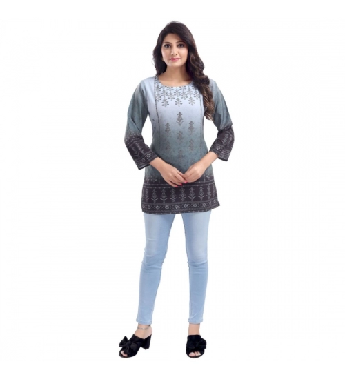 Generic Women's Quarter Sleeve Faux Crepe Printed Short Kurti Tunic Top (Color:Grey)