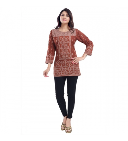 Generic Women's Quarter Sleeve Faux Crepe Printed Short Kurti Tunic Top (Color:Rust)