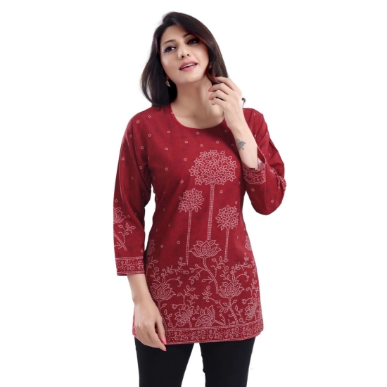 Generic Women's Quarter Sleeve Faux Crepe Printed Short Kurti Tunic Top (Color:Maroon)