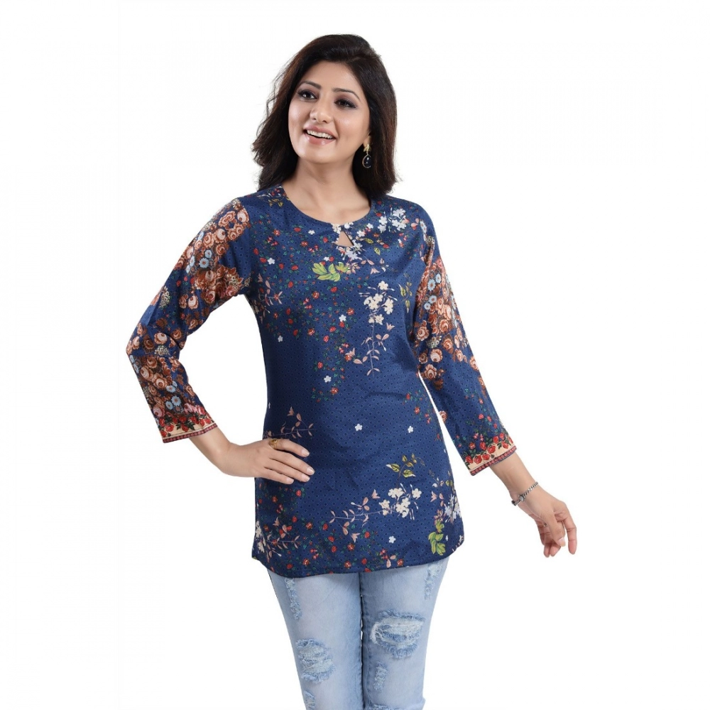 Generic Women's Quarter Sleeve Faux Crepe Printed Short Kurti Tunic Top (Color:Pastel)