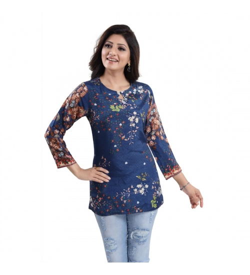 Generic Women's Quarter Sleeve Faux Crepe Printed Short Kurti Tunic Top (Color:Pastel)