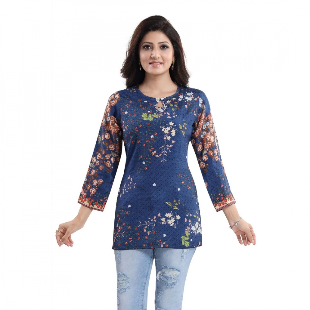 Generic Women's Quarter Sleeve Faux Crepe Printed Short Kurti Tunic Top (Color:Pastel)