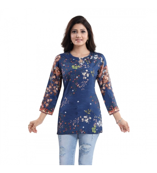 Generic Women's Quarter Sleeve Faux Crepe Printed Short Kurti Tunic Top (Color:Pastel)