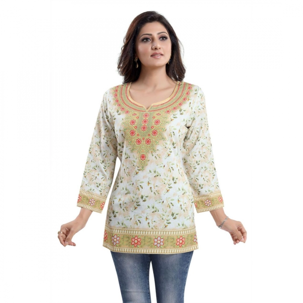 Generic Women's Quarter Sleeve Faux Crepe Printed Short Kurti Tunic Top (Color:White)