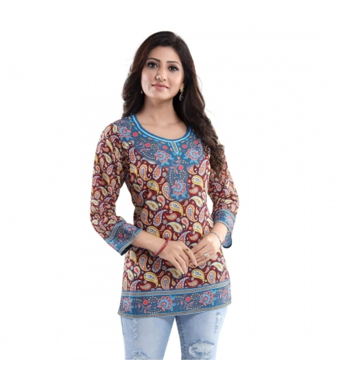 Generic Women's Quarter Sleeve Faux Crepe Printed Short Kurti Tunic Top (Color:Maroon)