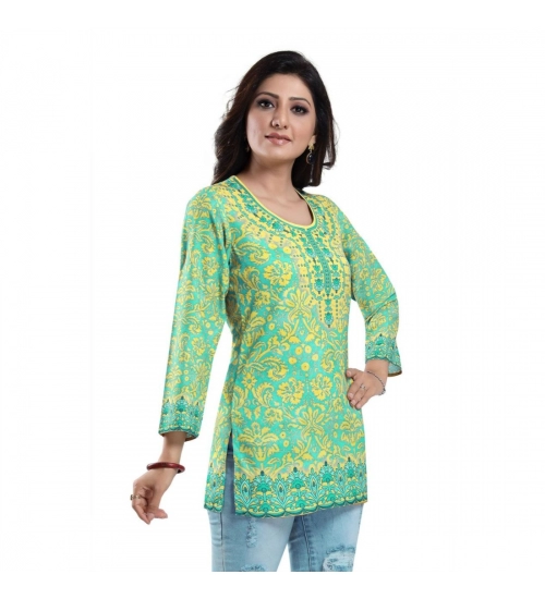 Generic Women's Quarter Sleeve Faux Crepe Printed Short Kurti Tunic Top (Color:Green)