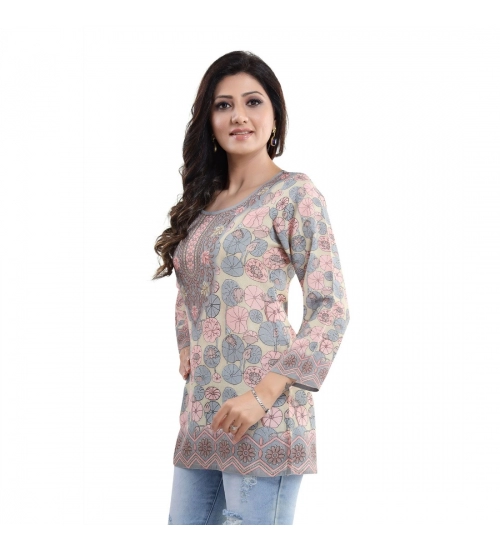 Generic Women's Quarter Sleeve Faux Crepe Printed Short Kurti Tunic Top (Color:Pastel)