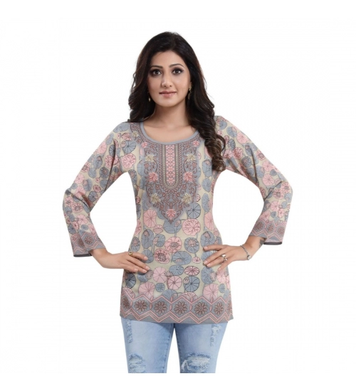 Generic Women's Quarter Sleeve Faux Crepe Printed Short Kurti Tunic Top (Color:Pastel)