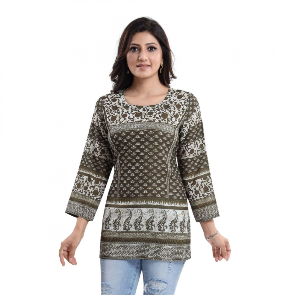 Generic Women's Quarter Sleeve Faux Crepe Printed Short Kurti Tunic Top (Color:Green)