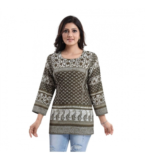 Generic Women's Quarter Sleeve Faux Crepe Printed Short Kurti Tunic Top (Color:Green)