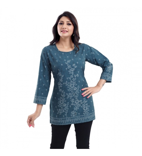 Generic Women's Quarter Sleeve Faux Crepe Printed Short Kurti Tunic Top (Color:Grey)