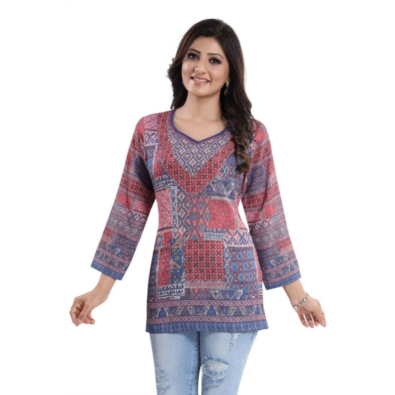 Women's Quarter Sleeve Faux Crepe Printed Short Kurti Tunic Top (Color:Multicolor)