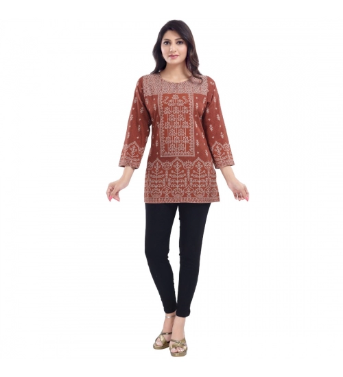 Generic Women's Quarter Sleeve Faux Crepe Printed Short Kurti Tunic Top (Color:Rust)