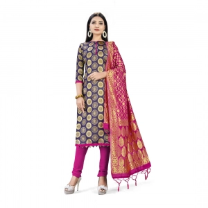 Generic Banarasi Silk Unstitched Salwar-Suit Material Premium Quality With Dupatta (Color: Navy Blue) Generic Banarasi Silk Unstitched Salwar-Suit Material Premium Quality With Dupatta (Color: Navy Blue)