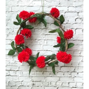 Generic Artificial Red Chrysanthemum Dahlia Flower Vine Creeper With Big Green Leaves For Home Decoraton (Color: Red, Material: Silk Polyester)
