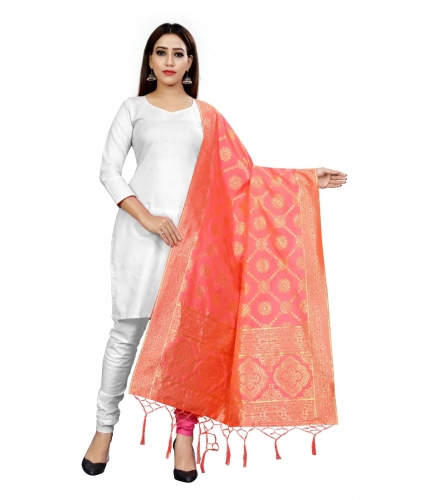 Generic Women's Banarasi Silk Floral Printed Dupatta (Peach, Length:2-2.4 mtr)