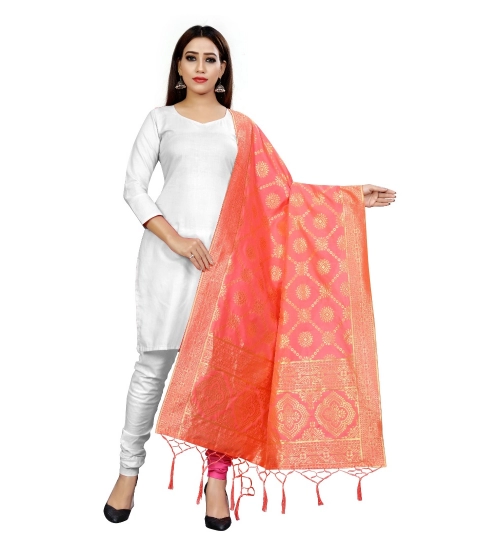 Generic Women's Banarasi Silk Floral Printed Dupatta (Peach, Length:2-2.4 mtr)
