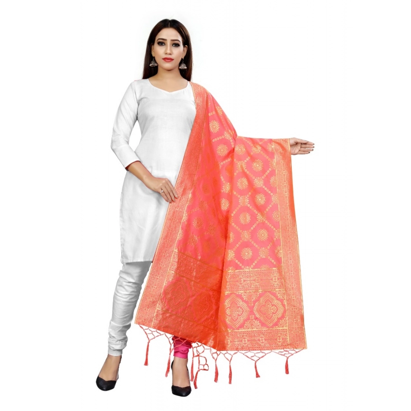 Women's Banarasi Silk Floral Printed Dupatta (Peach, Length:2-2.4 mtr)