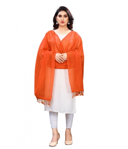 Generic Women's Cotton Silk Strips Printed Dupatta (Orange, Length:2-2.4 mtr)
