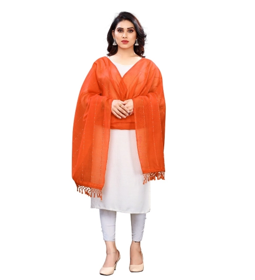 Generic Women's Cotton Silk Strips Printed Dupatta (Orange, Length:2-2.4 mtr)