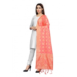 Generic Women's Banarasi Silk Floral Printed Dupatta (Peach, Length:2-2.4 mtr)