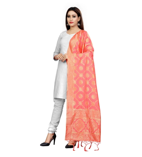 Generic Women's Banarasi Silk Floral Printed Dupatta (Peach, Length:2-2.4 mtr)