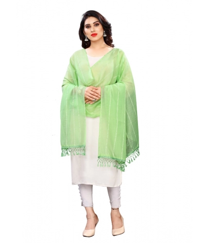 Generic Women's Cotton Silk Strips Printed Dupatta (Parrot Green, Length:2-2.4 mtr)