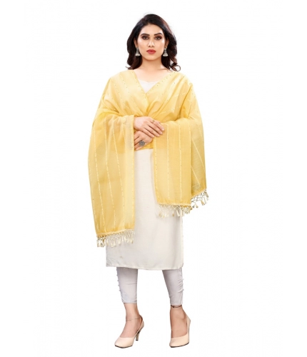 Generic Women's Cotton Silk Strips Printed Dupatta (Yellow, Length:2-2.4 mtr)