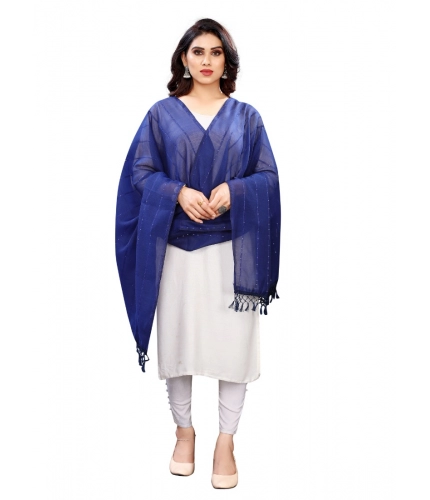 Generic Women's Cotton Silk Strips Printed Dupatta (Blue, Length:2-2.4 mtr)