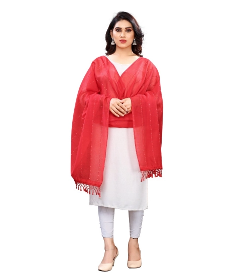 Generic Women's Cotton Silk Strips Printed Dupatta (Red, Length:2-2.4 mtr)