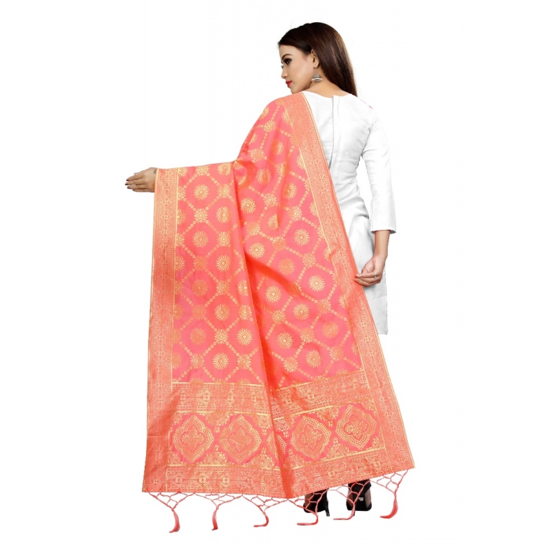 Women's Banarasi Silk Floral Printed Dupatta (Peach, Length:2-2.4 mtr)