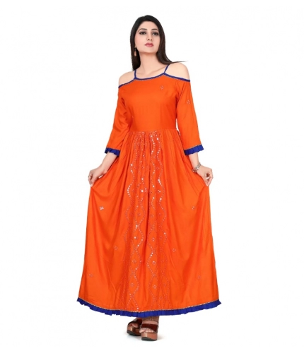 Generic Women's Rayon Cotton Orange Embroidered Long Kurti