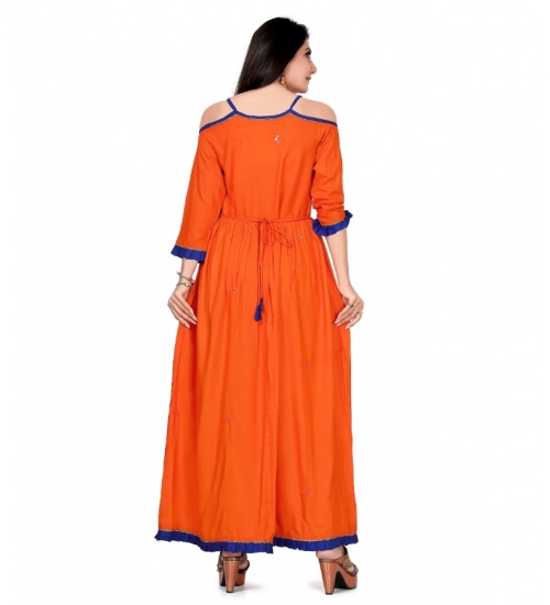 Generic Women's Rayon Cotton Orange Embroidered Long Kurti