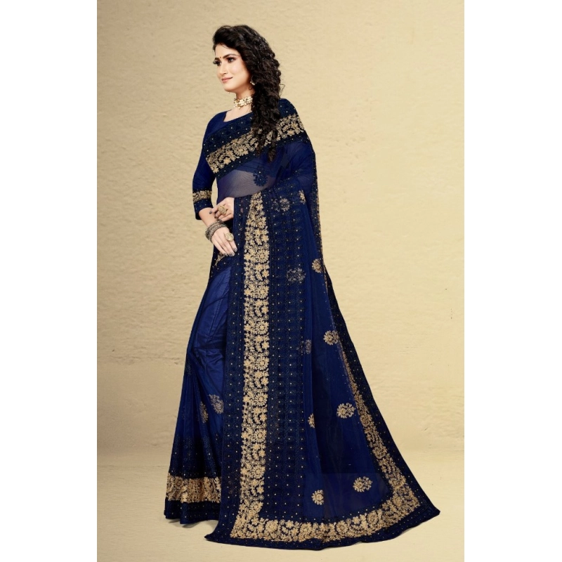 Women's Net Saree With Blouse (Navy Blue, 5-6Mtrs) Women's Net Saree With Blouse (Navy Blue, 5-6Mtrs)