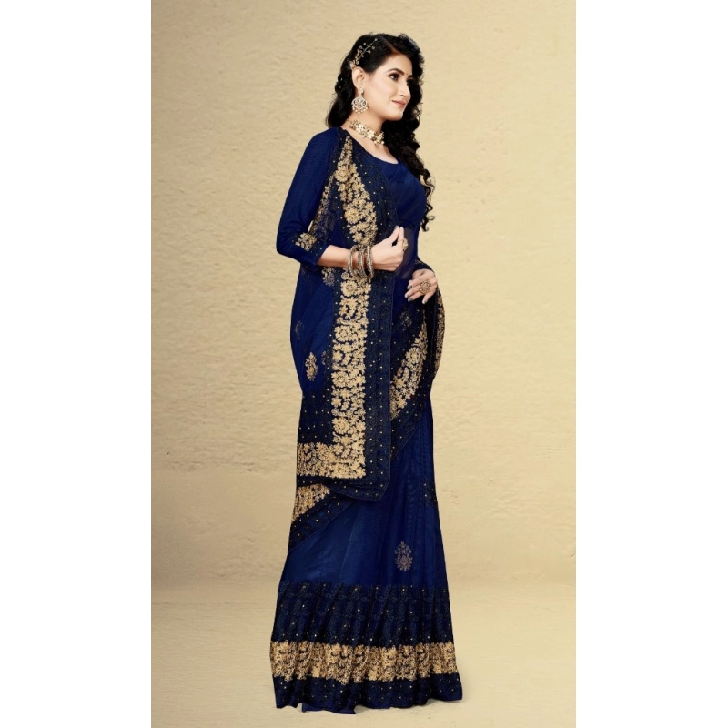 Women's Net Saree With Blouse (Navy Blue, 5-6Mtrs) Women's Net Saree With Blouse (Navy Blue, 5-6Mtrs)