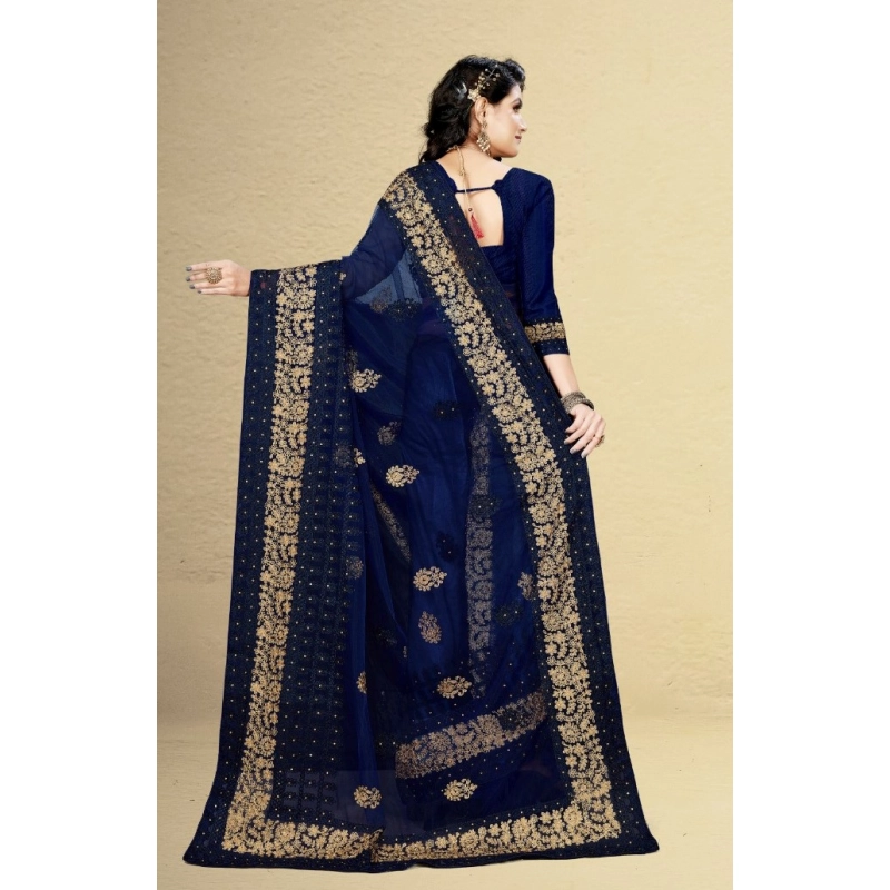 Women's Net Saree With Blouse (Navy Blue, 5-6Mtrs) Women's Net Saree With Blouse (Navy Blue, 5-6Mtrs)