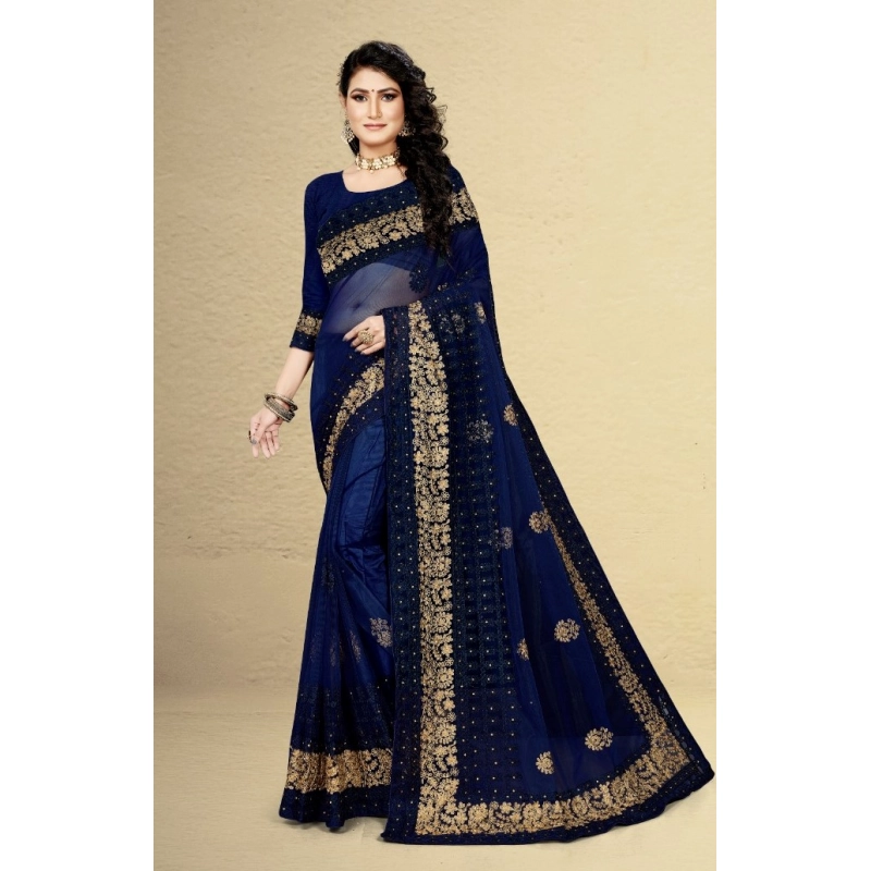Women's Net Saree With Blouse (Navy Blue, 5-6Mtrs) Women's Net Saree With Blouse (Navy Blue, 5-6Mtrs)