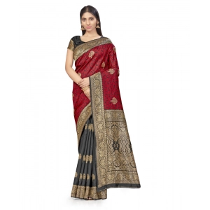 Generic Women's Banarasi Silk Saree With Blouse (Black, Red, 5-6Mtrs)
