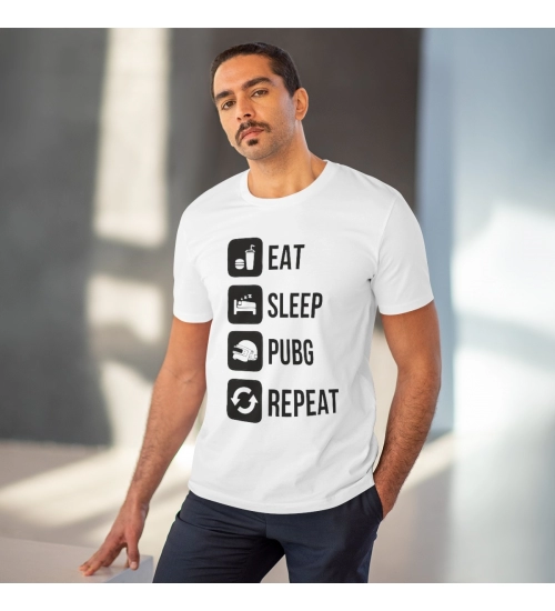 Generic Men's PC Cotton Eat Sleep Pubg Repeat Printed T Shirt (Color: White, Thread Count: 180GSM)
