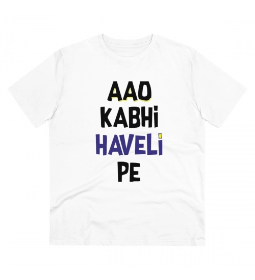 Generic Men's PC Cotton Aao Kabhi Haveli Pe Printed T Shirt (Color: White, Thread Count: 180GSM)