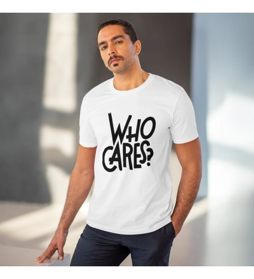 Generic Men's PC Cotton Who Cares Printed T Shirt (Color: White, Thread Count: 180GSM)