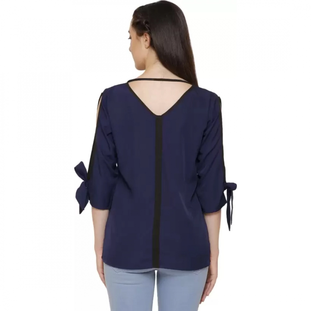 Women's Casual Slit Sleeve Solid Blue Top (Color:Blue, Material:Poly Crepe)
