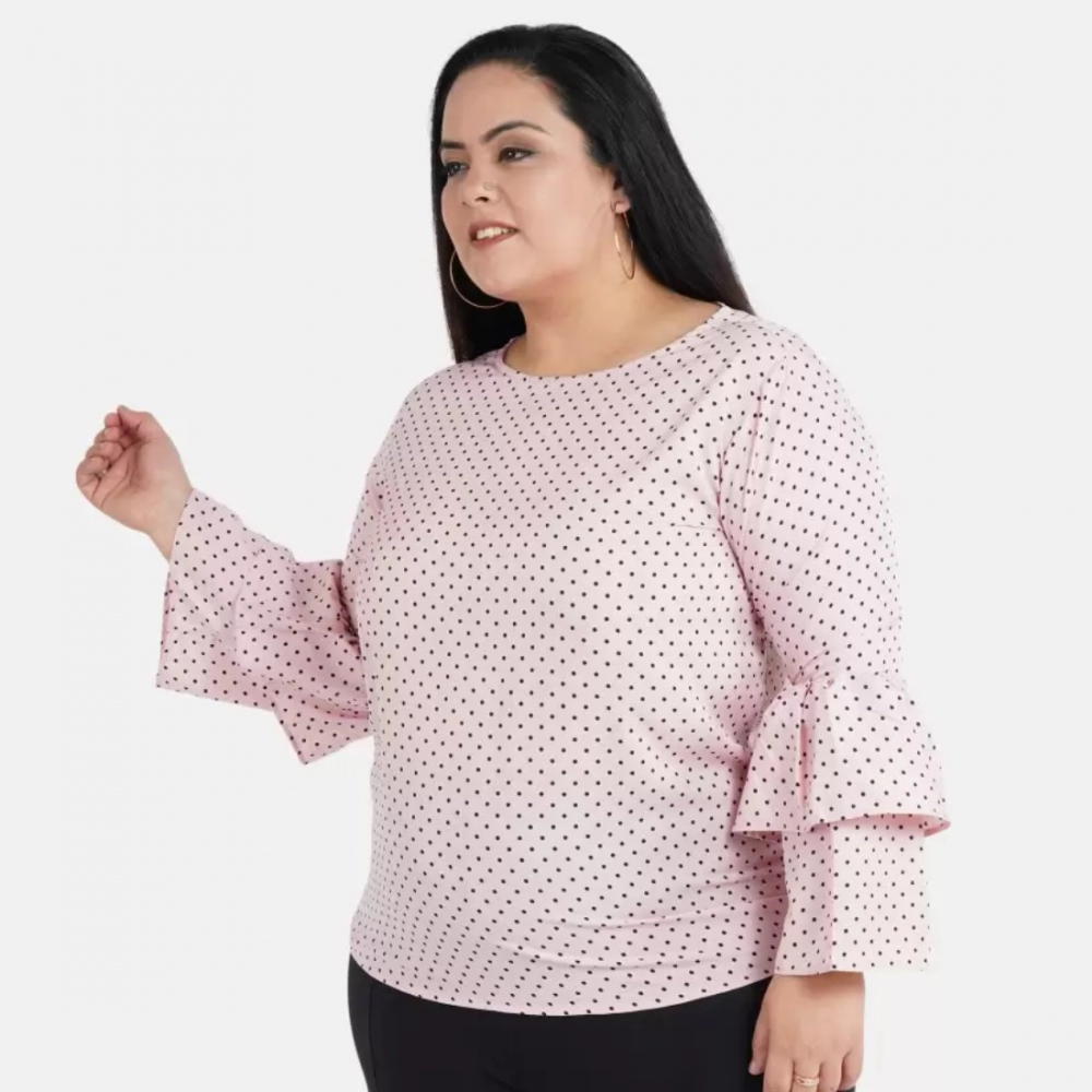 Women's Casual Flute Sleeve Printed Pink Top (Color:Pink, Material:Crepe)