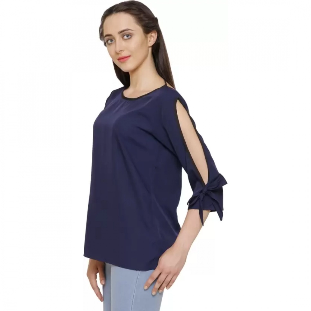 Women's Casual Slit Sleeve Solid Blue Top (Color:Blue, Material:Poly Crepe)