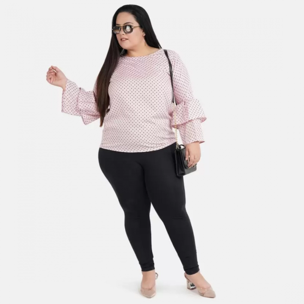 Women's Casual Flute Sleeve Printed Pink Top (Color:Pink, Material:Crepe)