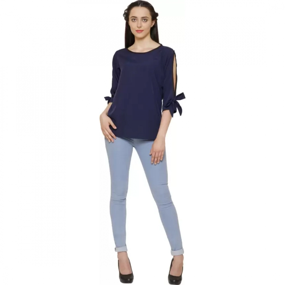 Women's Casual Slit Sleeve Solid Blue Top (Color:Blue, Material:Poly Crepe)